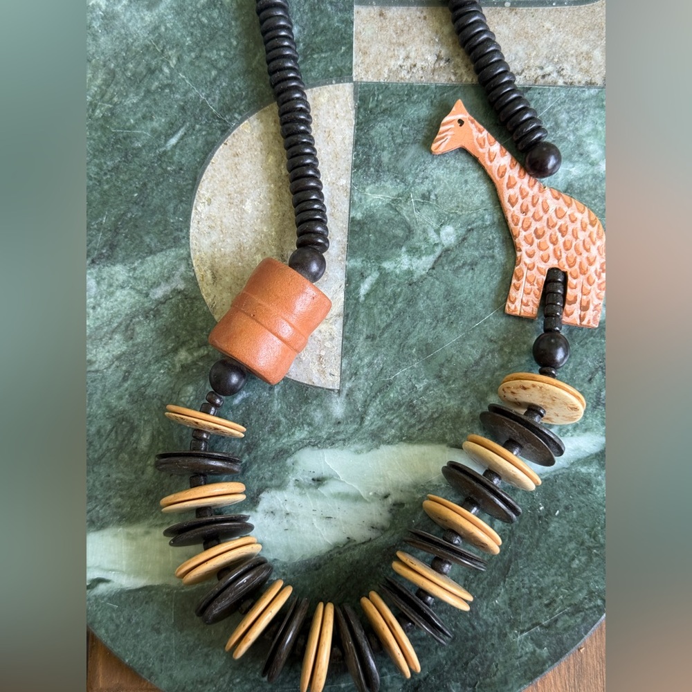 Unique Vintage Giraffe Necklace with Black and Tan Beads Maximalist